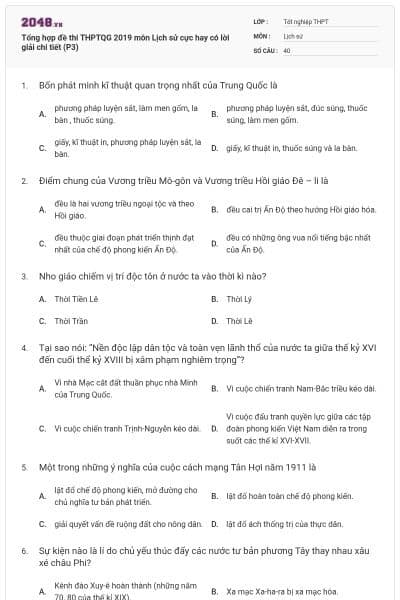 Tổng hợp đề thi THPTQG 2019 môn Lịch sử cực hay có lời giải chi tiết (P3)