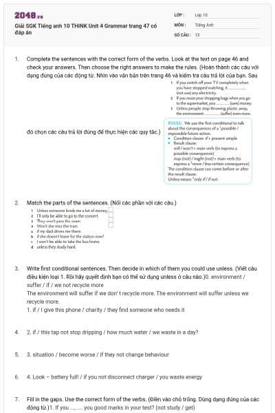 Giải SGK Tiếng anh 10 THiNK Unit 4 Grammar trang 47 có đáp án