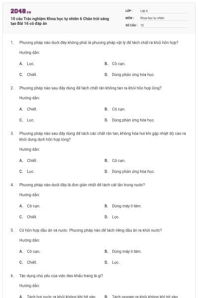 10 câu Trắc nghiệm Khoa học tự nhiên 6 Chân trời sáng tạo Bài 16 có đáp án