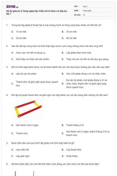Đề thi giữa kì 2 Công nghệ lớp 4 Kết nối tri thức có đáp án - Đề 7