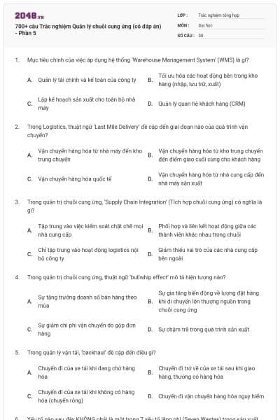 700+ câu Trắc nghiệm Quản lý chuỗi cung ứng (có đáp án) - Phần 5