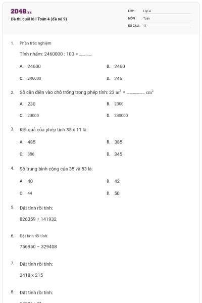 Đề thi cuối kì I Toán 4 (đề số 9)