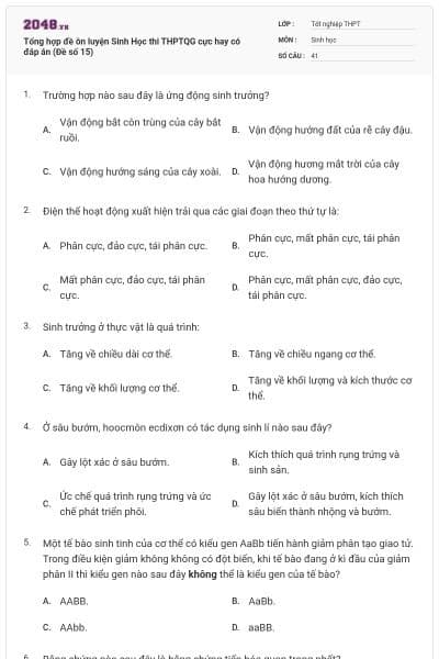 Tổng hợp đề ôn luyện Sinh Học thi THPTQG cực hay có đáp án (Đề số 15)