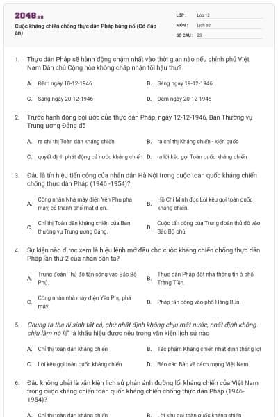 Cuộc kháng chiến chống thực dân Pháp bùng nổ (Có đáp án)