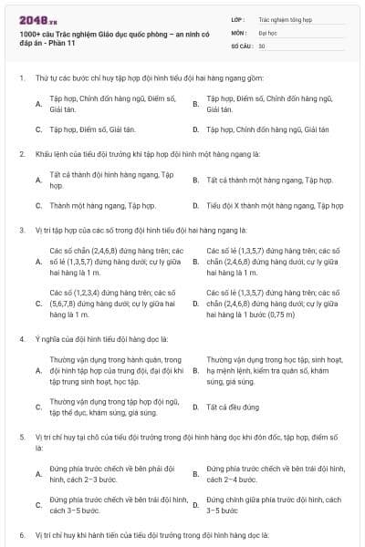 1000+ câu Trắc nghiệm Giáo dục quốc phòng – an ninh có đáp án - Phần 11