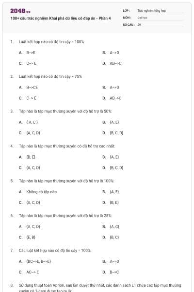 100+ câu trắc nghiệm Khai phá dữ liệu có đáp án - Phần 4