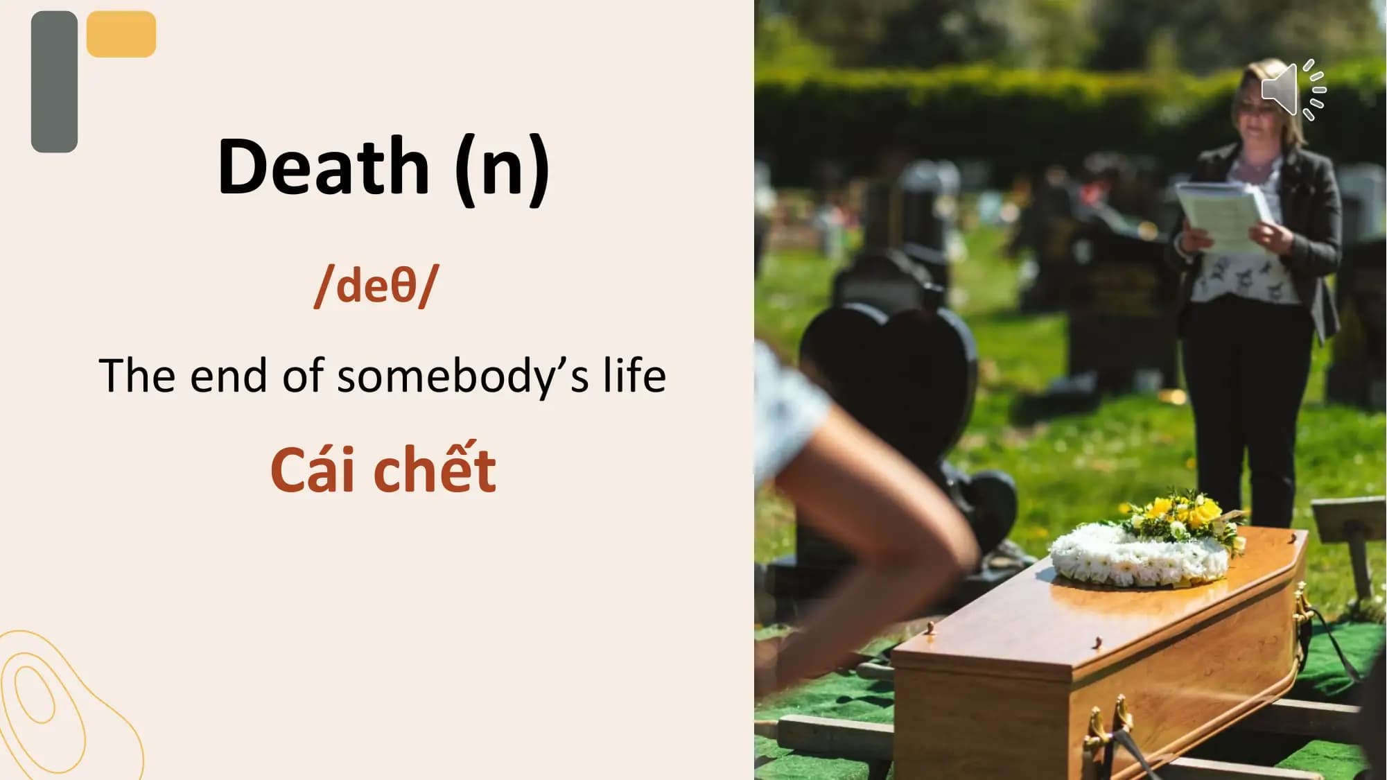 Death (n)
 /deθ/
The end of somebody’s life
 Cái chết