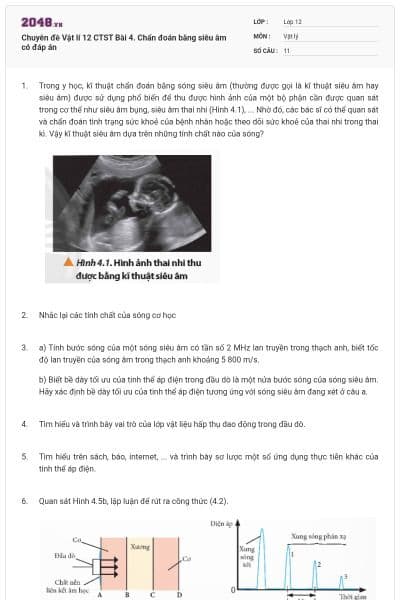 Chuyên đề Vật lí 12 CTST Bài 4. Chẩn đoán bằng siêu âm có đáp án