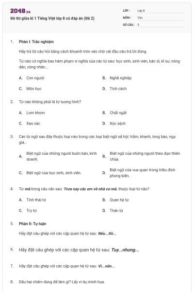 Đề thi giữa kì 1 Tiếng Việt lớp 8 có đáp án (Đề 2)