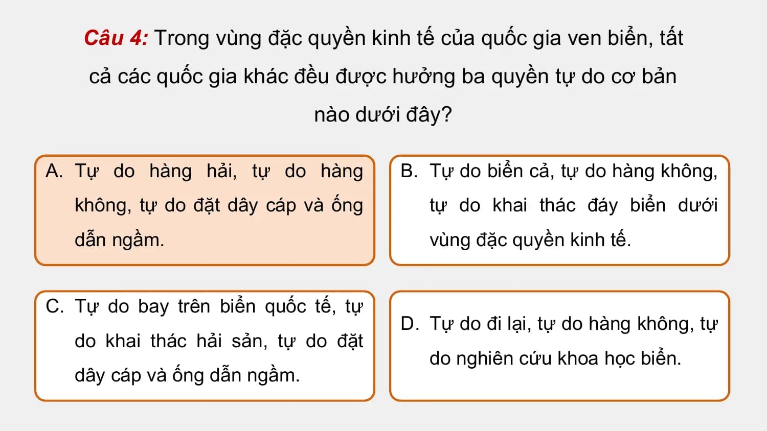 Câu 4: Trong vùng đặc quyền kinh tế của quốc gia ven biển, tất
 cả các quốc gia khác đều được hưởng ba quyền tự do cơ bản
 nào dưới đây?

A. Tự do hàng hải, tự do hàng B. Tự do biển cả, tự do hàng không,
 không, tự do đặt dây cáp và ống tự do khai thác đáy biển dưới
 dẫn ngầm. vùng đặc quyền kinh tế.

C. Tự do bay trên biển quốc tế, tự
 D. Tự do đi lại, tự do hàng không, tự
 do khai thác hải sản, tự do đặt
 do nghiên cứu khoa học biển.
 dây cáp và ống dẫn ngầm.