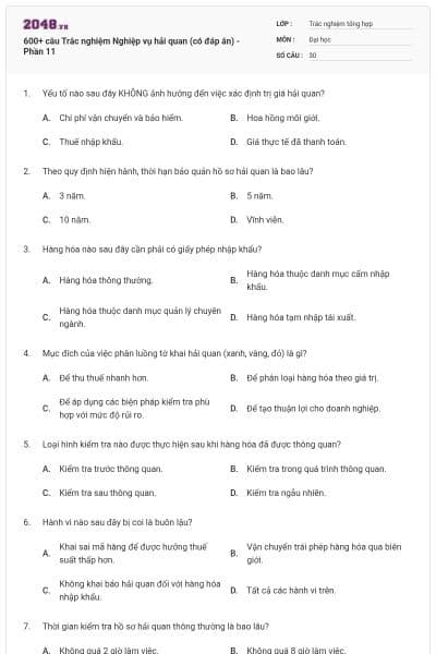 600+ câu Trắc nghiệm Nghiệp vụ hải quan (có đáp án) - Phần 11
