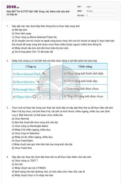 Giải SBT Tin 8 CTST Bài 10B: Xoay, cắt, thêm chữ vào ảnh có đáp án