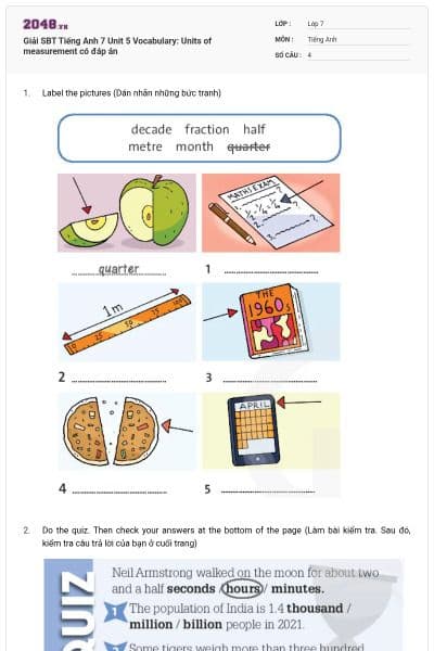 Giải SBT Tiếng Anh 7 Unit 5 Vocabulary: Units of measurement có đáp án