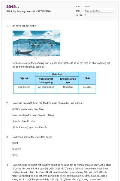 Bài 9: Sự đa dạng của chất - SBT KHTN 6