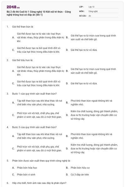 Bộ 2 đề thi Cuối kì 1 Công nghệ 10 Kết nối tri thức - Công nghệ trồng trọt có đáp án (Đề 1)