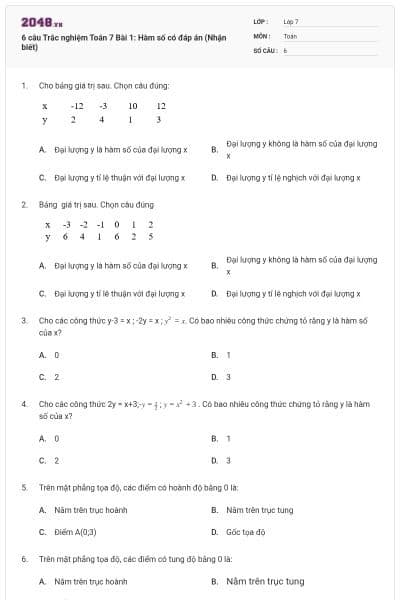 6 câu Trắc nghiệm Toán 7 Bài 1: Hàm số có đáp án (Nhận biết)