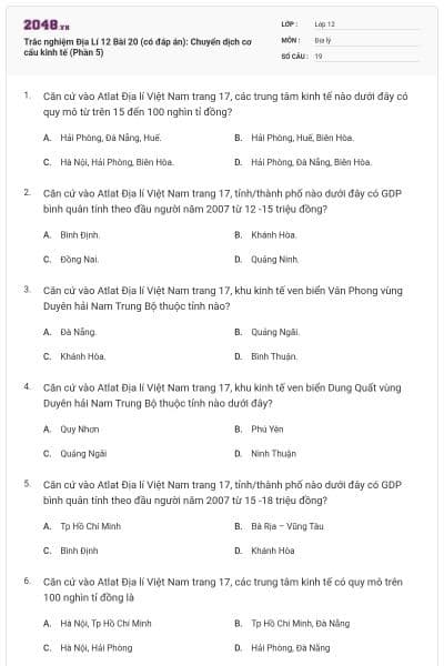 Trắc nghiệm Địa Lí 12 Bài 20 (có đáp án): Chuyển dịch cơ cấu kinh tế (Phần 5)