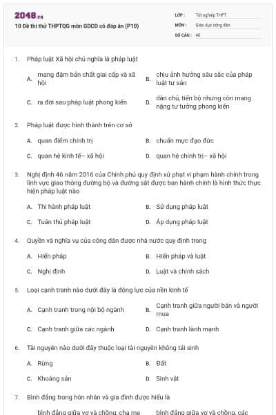 10 Đề thi thử THPTQG môn GDCD có đáp án (P10)