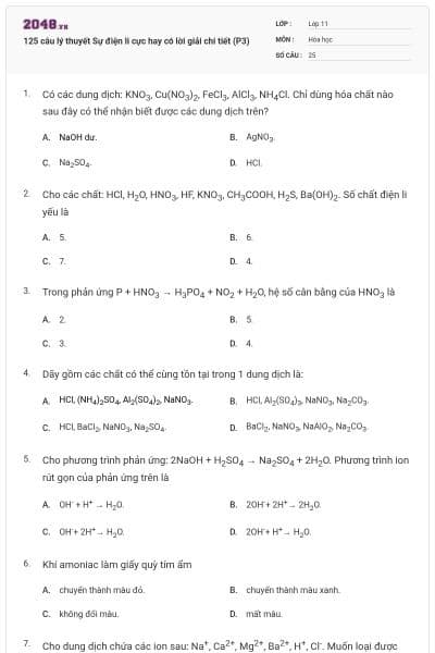 125 câu lý thuyết Sự điện li cực hay có lời giải chi tiết (P3)