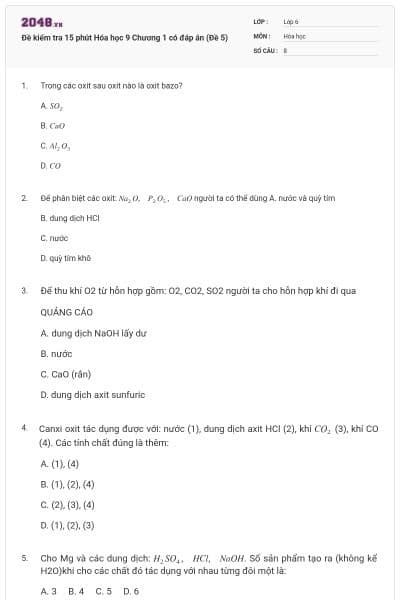 Đề kiểm tra 15 phút Hóa học 9 Chương 1 có đáp án (Đề 5)