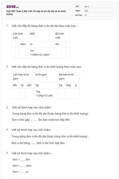 Giải VBT Toán 5 Bài 144: Ôn tập về đo độ dài và đo khối lượng