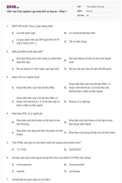 100+ câu Trắc nghiệm Lập trình API có đáp án - Phần 1