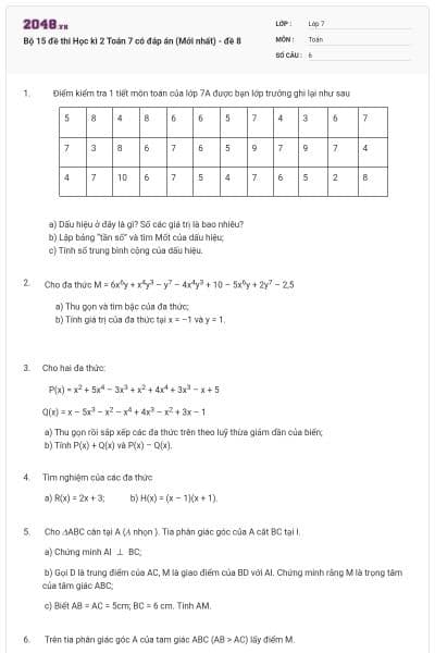 Bộ 15 đề thi Học kì 2 Toán 7 có đáp án (Mới nhất) - đề 8