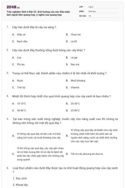Trắc nghiệm Sinh 6 Bài 22: Ảnh hưởng của các điều kiện bên ngoài đến quang hợp, ý nghĩa của quang hợp