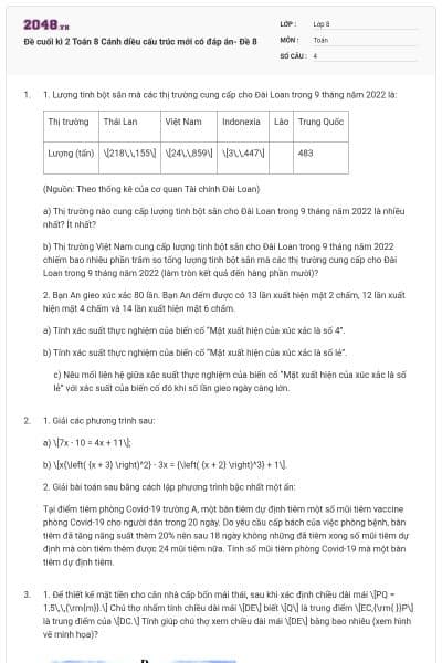 Đề cuối kì 2 Toán 8 Cánh diều cấu trúc mới có đáp án- Đề 8