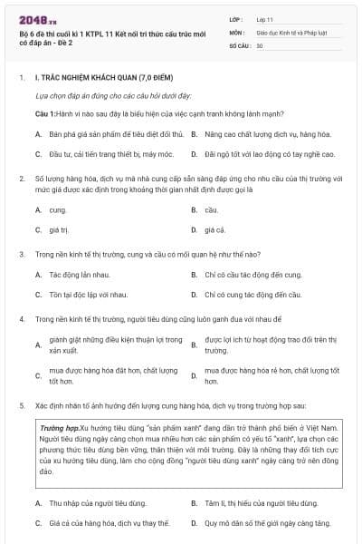 Bộ 6 đề thi cuối kì 1 KTPL 11 Kết nối tri thức cấu trúc mới có đáp án - Đề 2