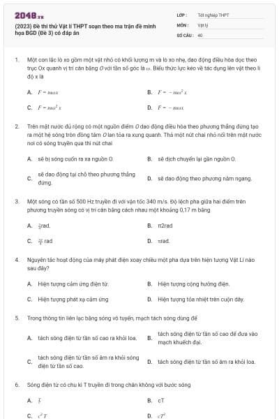 (2023) Đề thi thử Vật lí THPT soạn theo ma trận đề minh họa BGD (Đề 3) có đáp án
