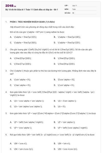 Bộ 10 đề thi Giữa kì 1 Toán 11 Cánh diều có đáp án - Đề 1