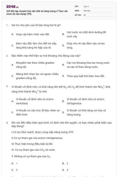 425 Bài tập chuyển hóa vật chất và năng lượng ở Thực vật (mức độ vận dụng) (P8)