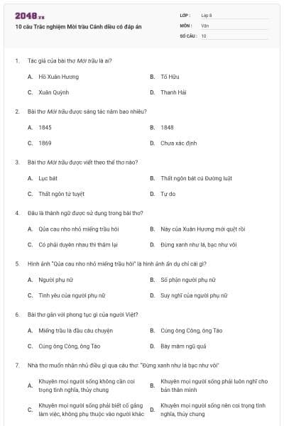 10 câu Trắc nghiệm Mời trầu Cánh diều có đáp án