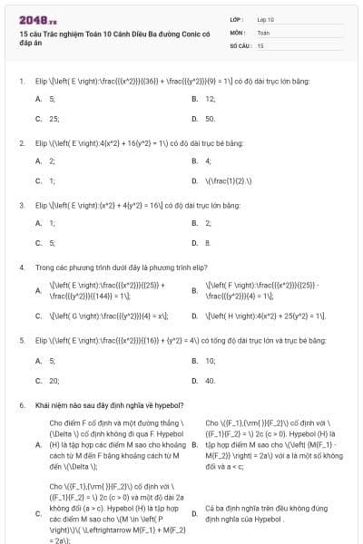 15 câu  Trắc nghiệm Toán 10 Cánh Diều Ba đường Conic có đáp án