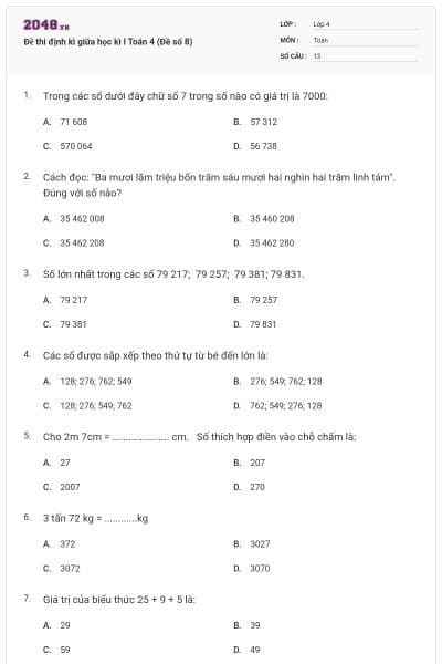 Đề thi định kì giữa học kì I Toán 4 (Đề số 8)