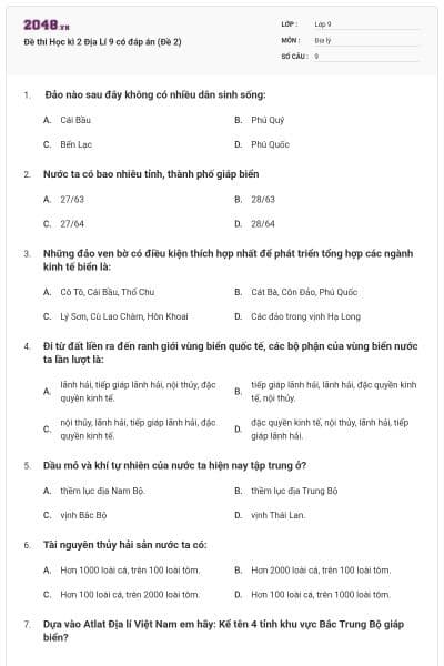 Đề thi Học kì 2 Địa Lí 9 có đáp án (Đề 2)
