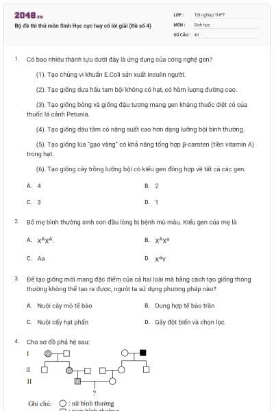 Bộ đề thi thử môn Sinh Học cực hay có lời giải (Đề số 4)