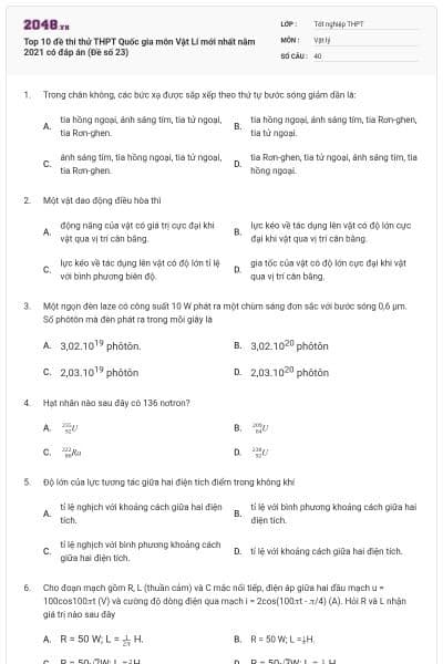 Top 10 đề thi thử THPT Quốc gia môn Vật Lí mới nhất năm 2021 có đáp án (Đề số 23)