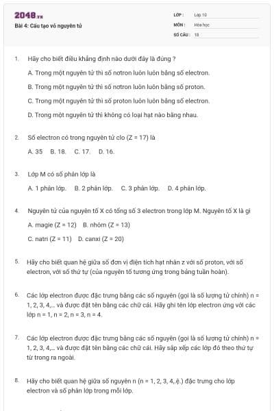 Bài 4: Cấu tạo vỏ nguyên tử
