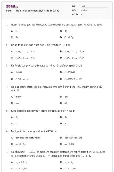 Đề thi Học kì 1 Hóa học 9 chọn lọc, có đáp án (Đề 5)