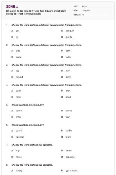 Đề cương ôn tập giữa kì 2 Tiếng Anh 4 iLearn Smart Start có đáp án - Part 1: Pronunciation