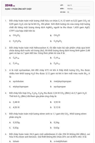 DẠNG 1 PHẢN ỨNG ĐỐT CHÁY