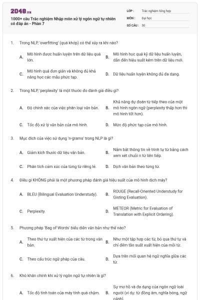 1000+ câu Trắc nghiệm Nhập môn xử lý ngôn ngữ tự nhiên có đáp án - Phần 7