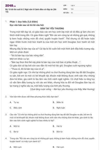 Bộ 10 đề thi cuối kì 2 Ngữ văn 6 Cánh diều có đáp án (Đề 10)