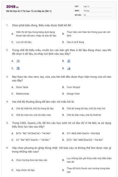 Đề thi Học kì 2 Tin học 12 có đáp án (Đề 1)