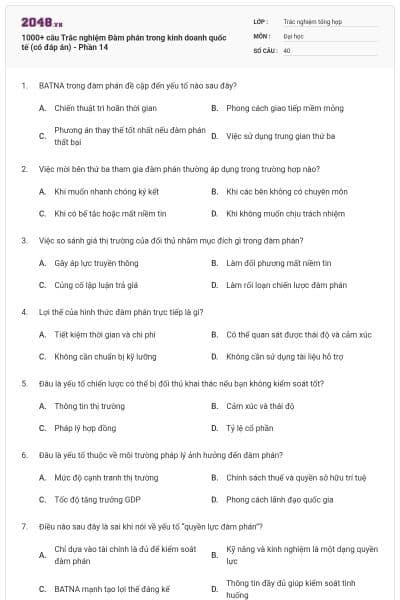 1000+ câu Trắc nghiệm Đàm phán trong kinh doanh quốc tế (có đáp án) - Phần 14