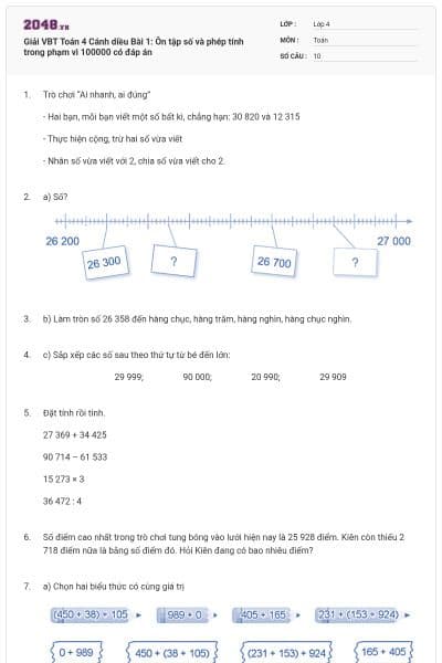 Giải VBT Toán 4 Cánh diều Bài 1: Ôn tập số và phép tính trong phạm vi 100000 có đáp án