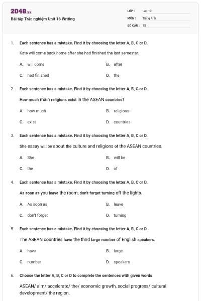 Bài tập Trắc nghiệm Unit 16 Writing