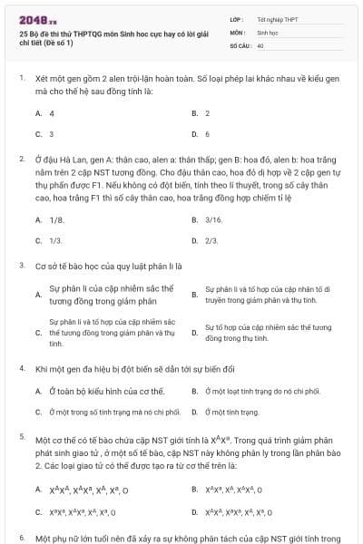 25 Bộ đề thi thử THPTQG môn Sinh hoc cực hay có lời giải chi tiết (Đề số 1)